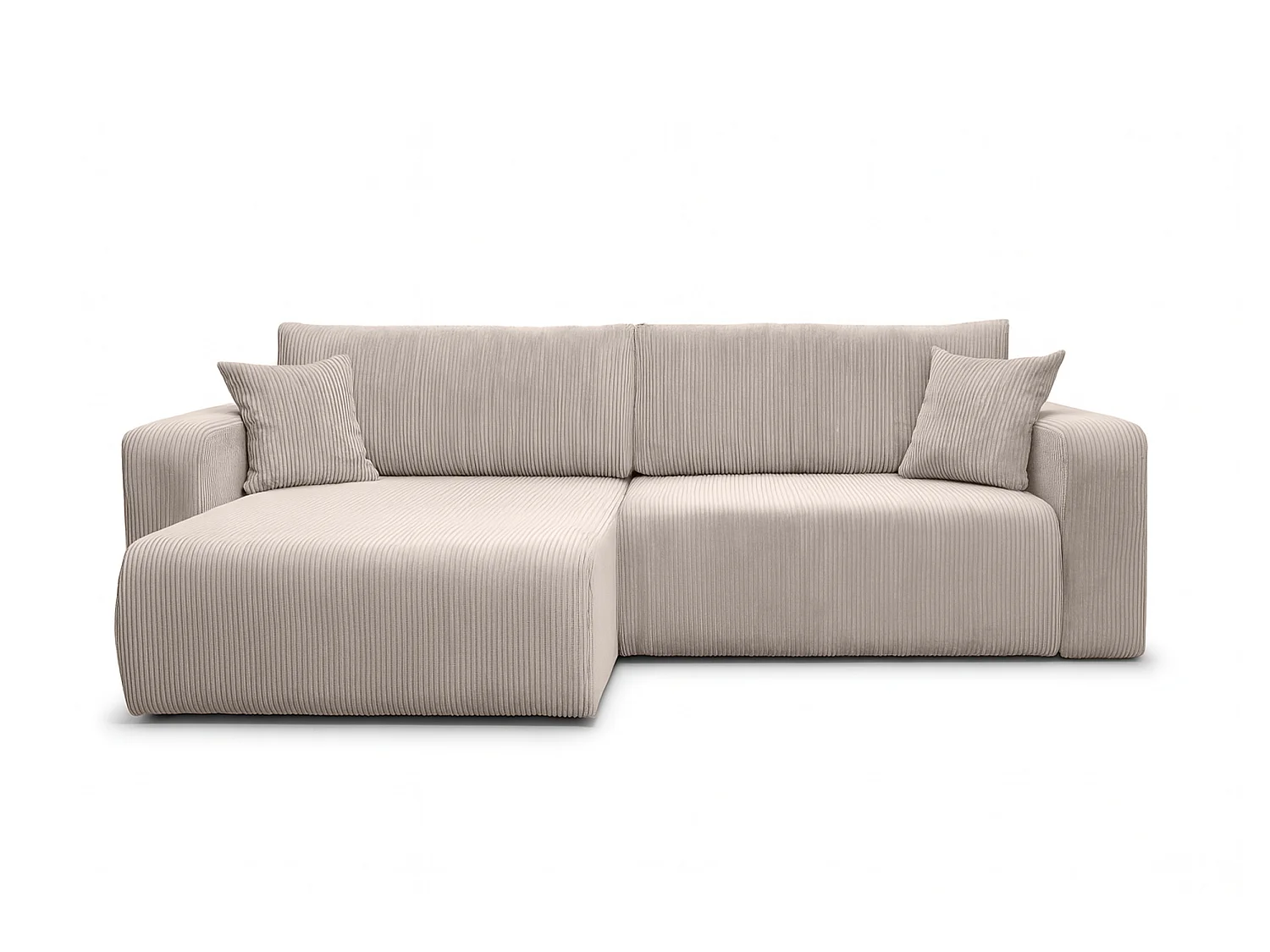 Canapé d’angle réversible GIORGIA L convertible – Velours côtelé beige, fonction couchage, grand coffre de rangement, angle universel gauche/droite