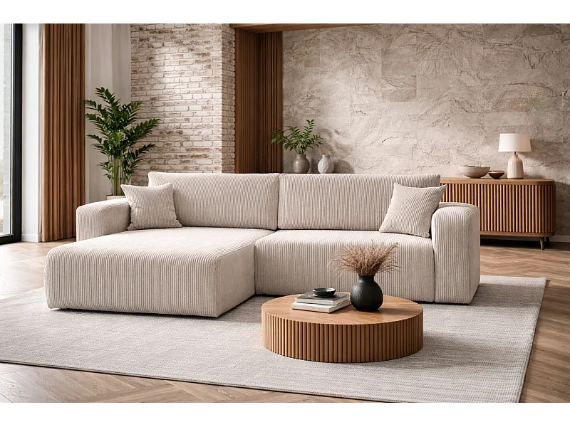 Canapé d’angle réversible FLORA L convertible – Velours côtelé beige, fonction couchage, grand coffre de rangement, angle universel gauche/droite