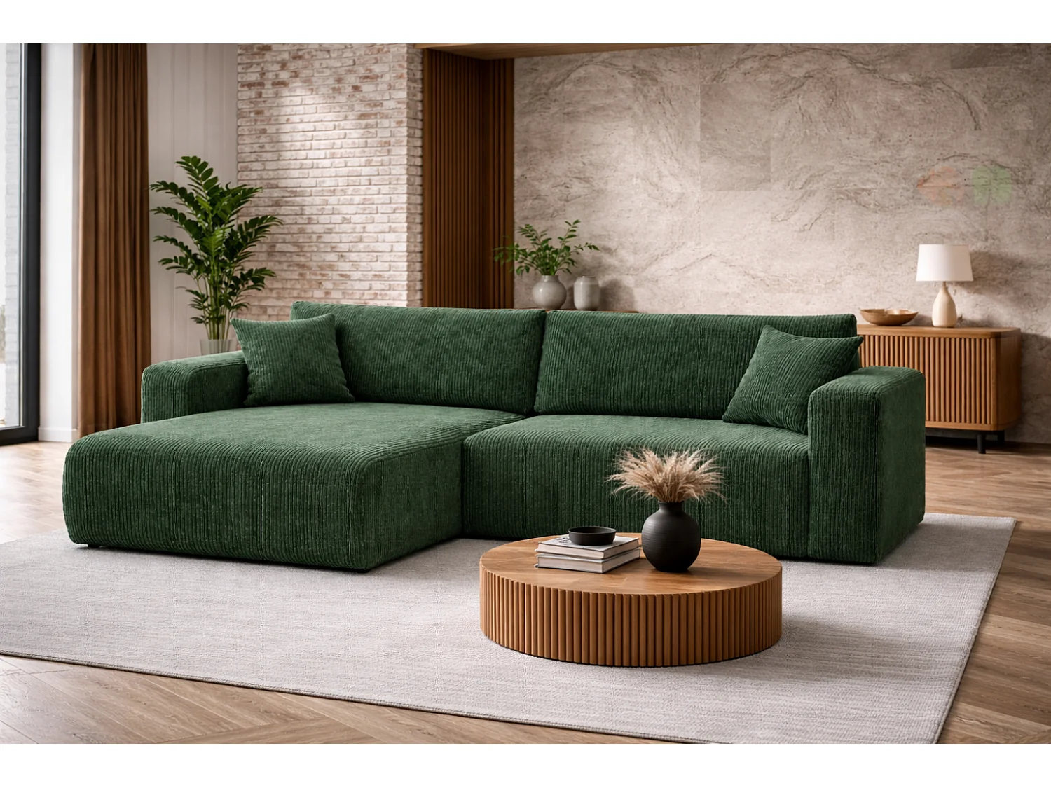 Canapé d’angle réversible FLORA L convertible – Velours côtelé vert bouteille, fonction couchage, grand coffre de rangement, angle universel gauche/droite