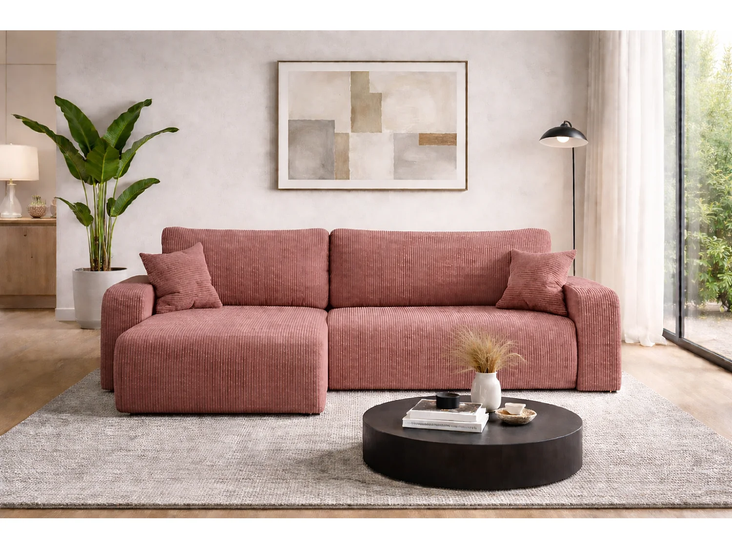 Canapé d’angle réversible PIANIOO XL convertible – Velours côtelé cuivre, grand coffre de rangement, fonction couchage, angle universel gauche/droite