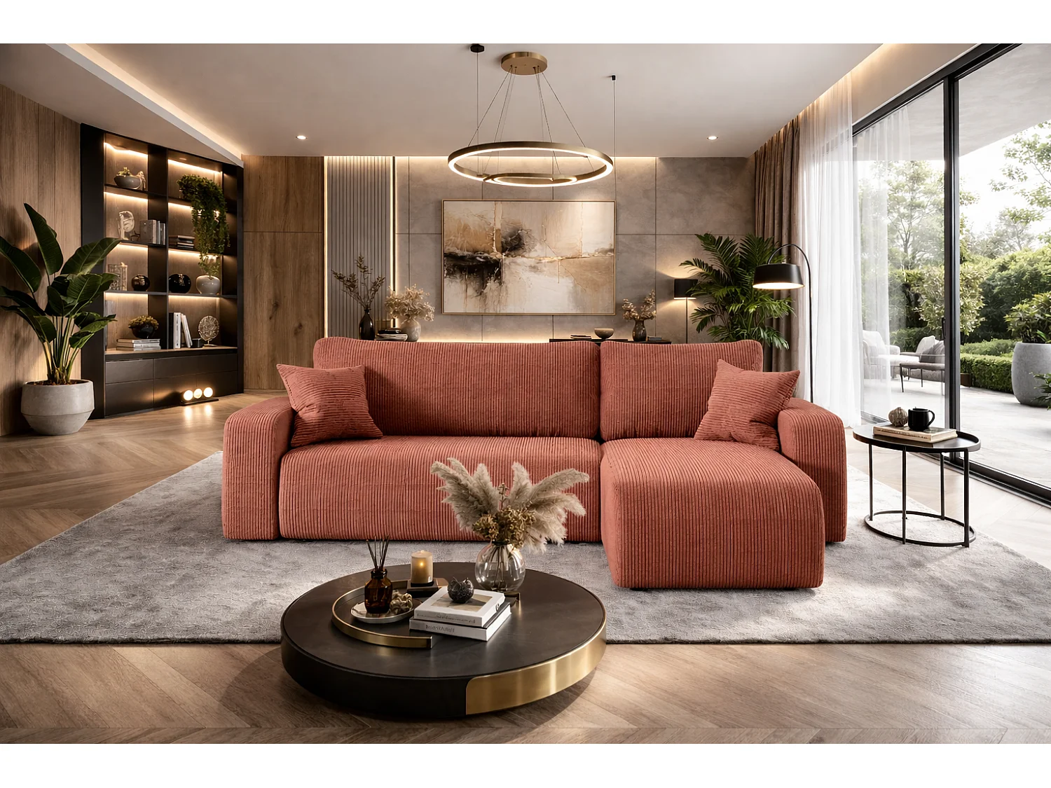 Canapé d’angle réversible PIANIOO L convertible – Velours côtelé cuivre, fonction couchage, grand coffre de rangement, angle universel gauche/droite