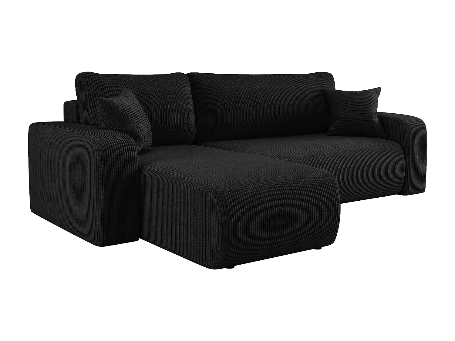 Canapé d’angle réversible PIANIOO L convertible – Velours côtelé noir, fonction couchage, grand coffre de rangement, angle universel gauche/droite