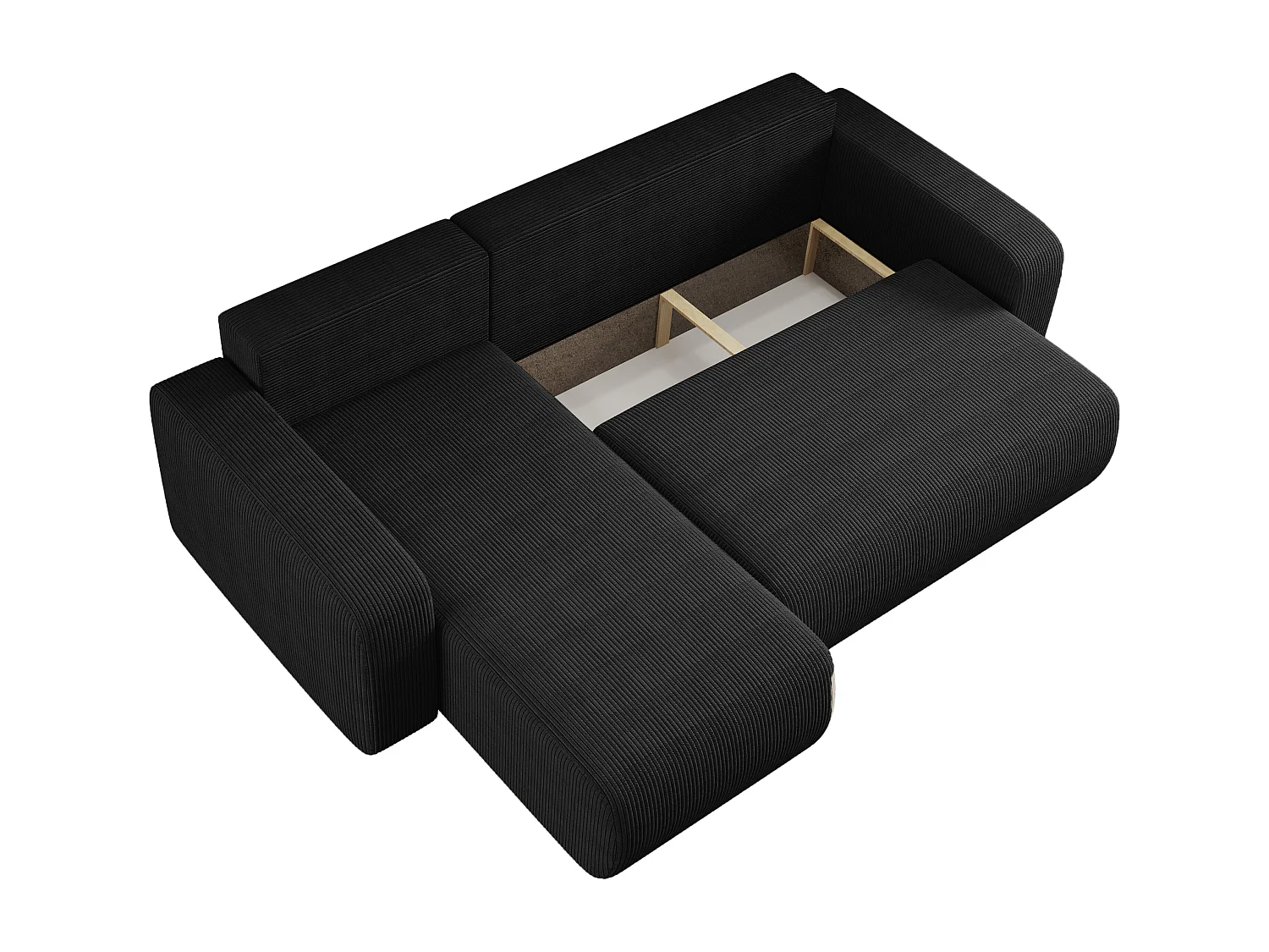 Canapé d’angle réversible PIANIOO L convertible – Velours côtelé noir, fonction couchage, grand coffre de rangement, angle universel gauche/droite