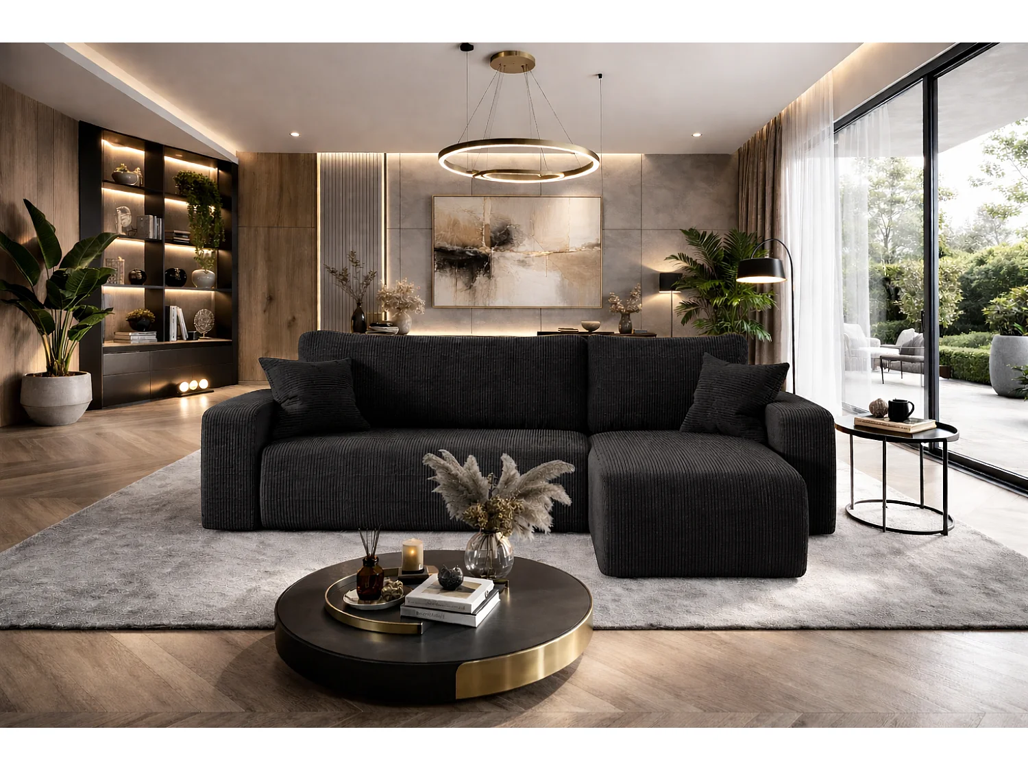 Canapé d’angle réversible PIANIOO L convertible – Velours côtelé noir, fonction couchage, grand coffre de rangement, angle universel gauche/droite