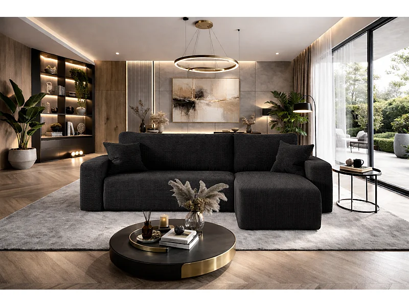 Canapé d’angle réversible PIANIOO L convertible – Velours côtelé noir, fonction couchage, grand coffre de rangement, angle universel gauche/droite