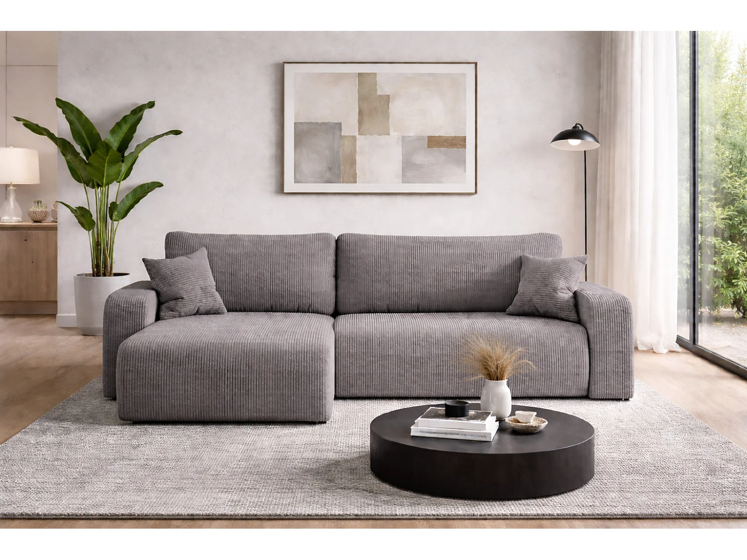 Canapé d’angle réversible PIANIOO XL convertible – Velours côtelé Gris, grand coffre de rangement, fonction couchage, angle universel gauche/droite