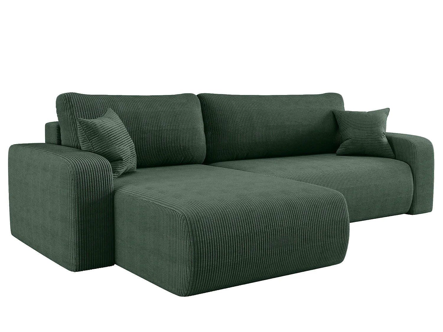 Canapé d’angle réversible PIANIOO XL convertible – Velours côtelé vert bouteille, grand coffre de rangement, fonction couchage, angle universel gauche/droite