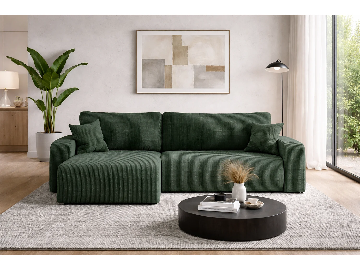 Canapé d’angle réversible PIANIOO XL convertible – Velours côtelé vert bouteille, grand coffre de rangement, fonction couchage, angle universel gauche/droite