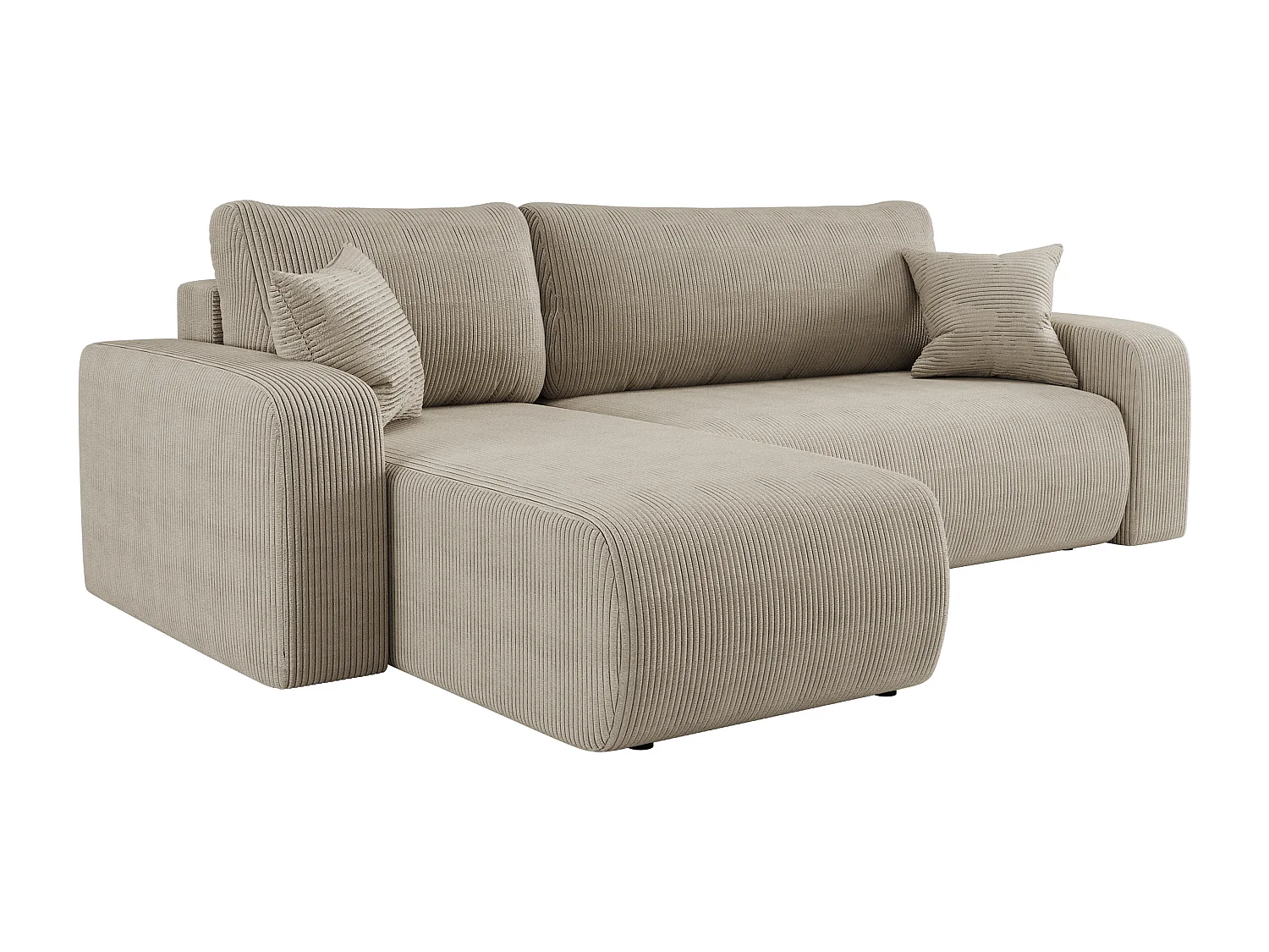 Canapé d’angle réversible PIANIOO L convertible – Velours côtelé beige, fonction couchage, grand coffre de rangement, angle universel gauche/droite