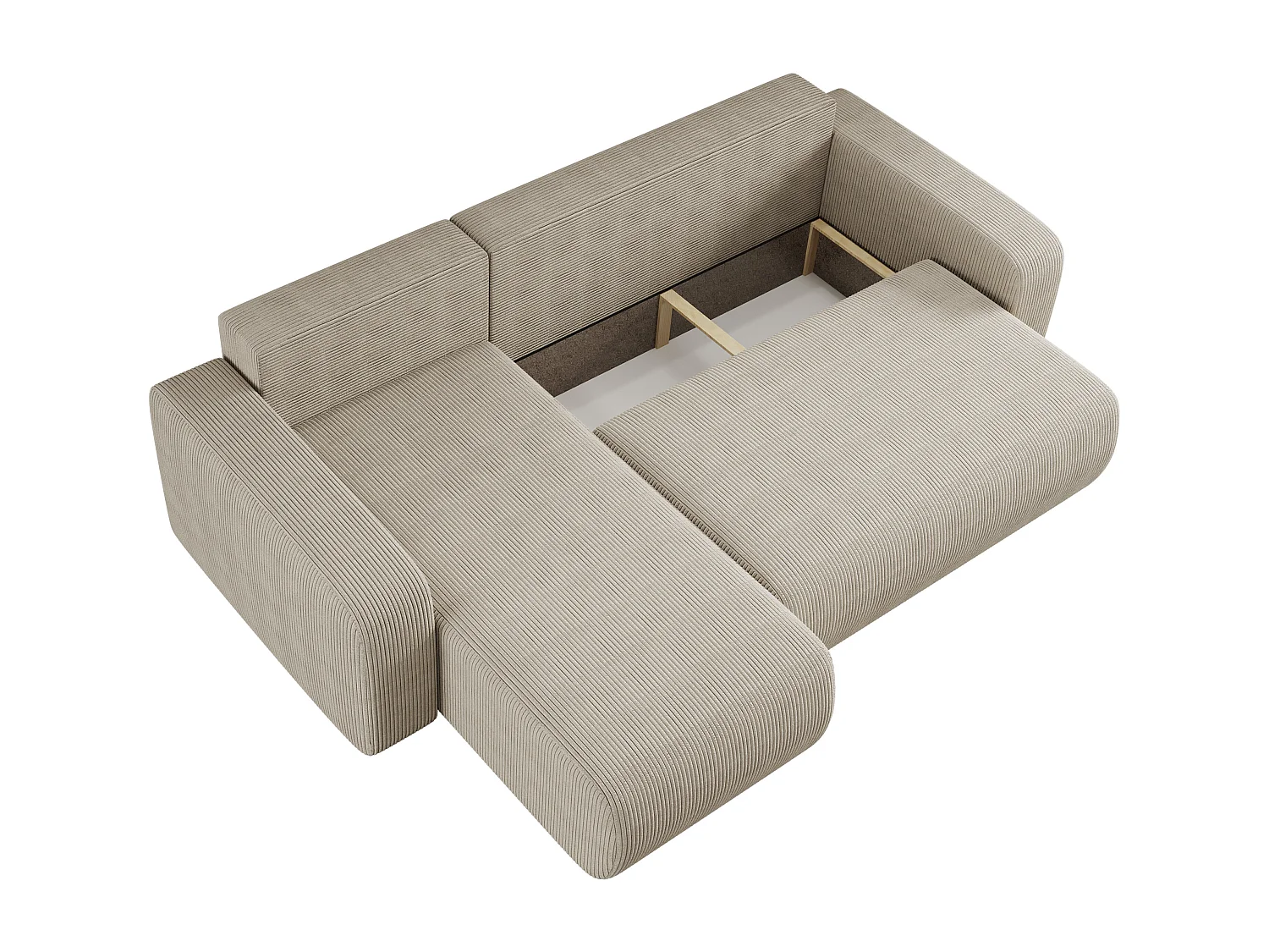 Canapé d’angle réversible PIANIOO L convertible – Velours côtelé beige, fonction couchage, grand coffre de rangement, angle universel gauche/droite