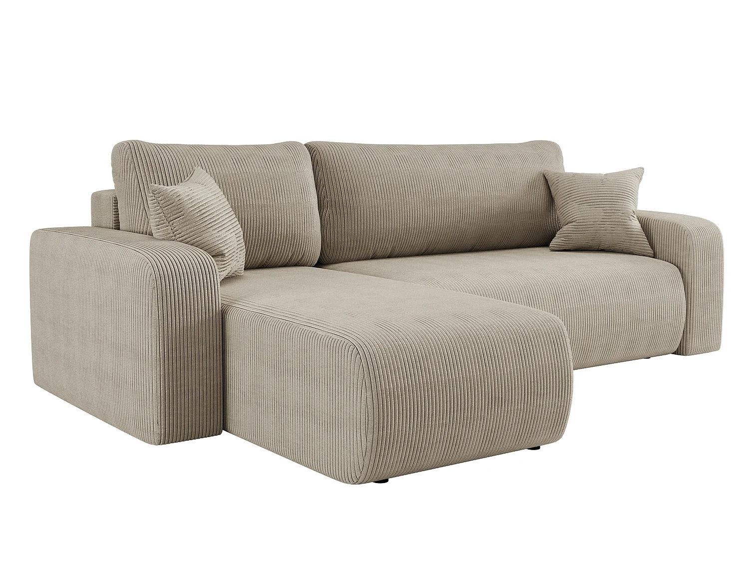 Canapé d’angle réversible PIANIOO L convertible – Velours côtelé beige, fonction couchage, grand coffre de rangement, angle universel gauche/droite