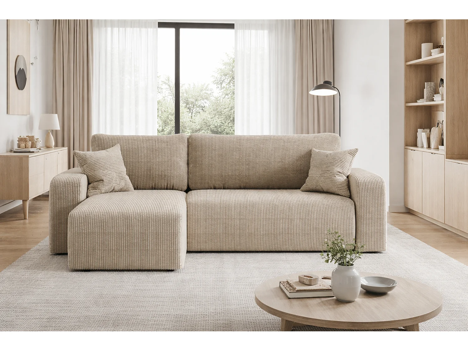 Canapé d’angle réversible PIANIOO L convertible – Velours côtelé beige, fonction couchage, grand coffre de rangement, angle universel gauche/droite