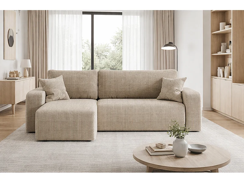 Canapé d’angle réversible PIANIOO L convertible – Velours côtelé beige, fonction couchage, grand coffre de rangement, angle universel gauche/droite