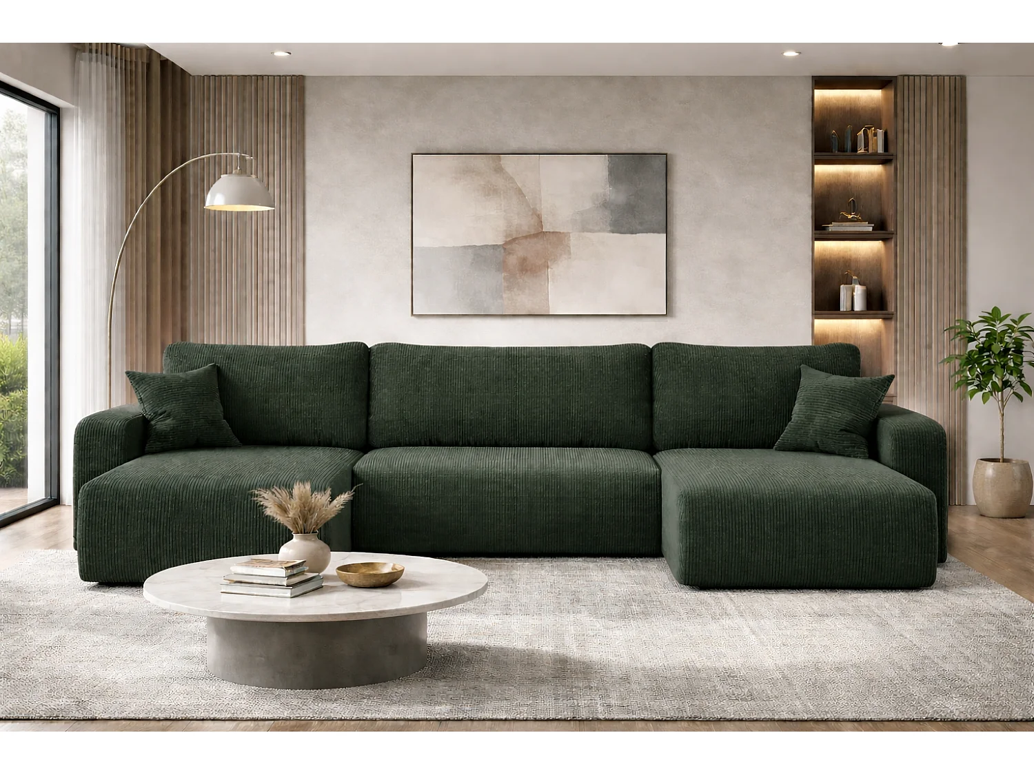 Canapé d’angle réversible PIANIOO U convertible – Velours côtelé vert bouteille, grand coffre de rangement, fonction couchage, angle universel gauche/droite