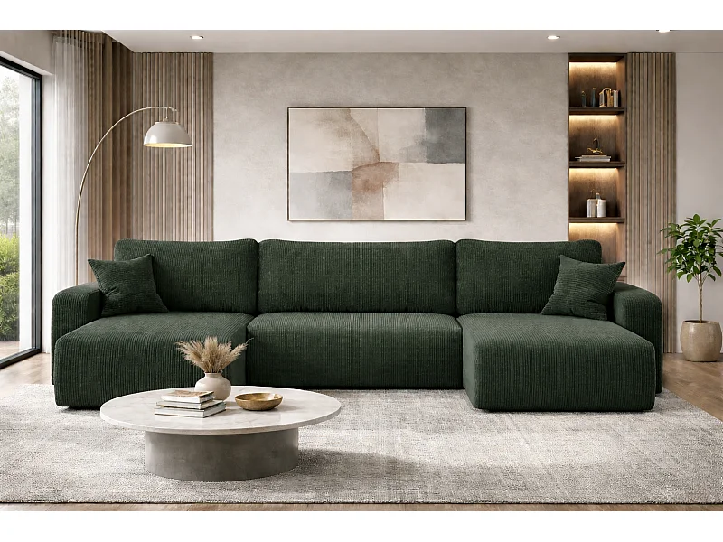 Canapé d’angle réversible PIANIOO U convertible – Velours côtelé vert bouteille, grand coffre de rangement, fonction couchage, angle universel gauche/droite