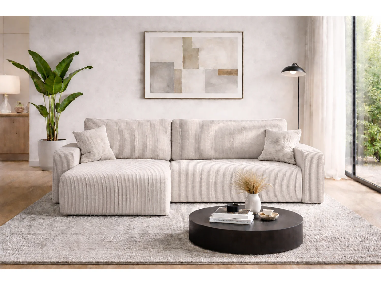 Canapé d’angle réversible PIANIOO XL convertible – Velours côtelé blanc, grand coffre de rangement, fonction couchage, angle universel gauche/droite