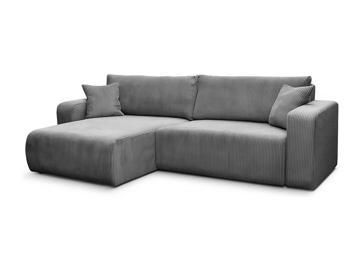 Canapé d’angle réversible FLORA L convertible – Velours côtelé gris, fonction couchage, grand coffre de rangement, angle universel gauche/droite