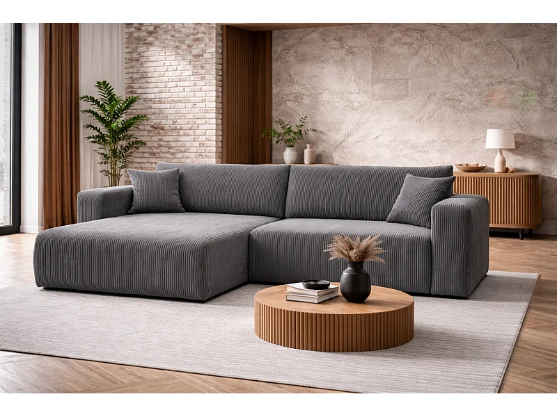 Canapé d’angle réversible FLORA L convertible – Velours côtelé gris, fonction couchage, grand coffre de rangement, angle universel gauche/droite