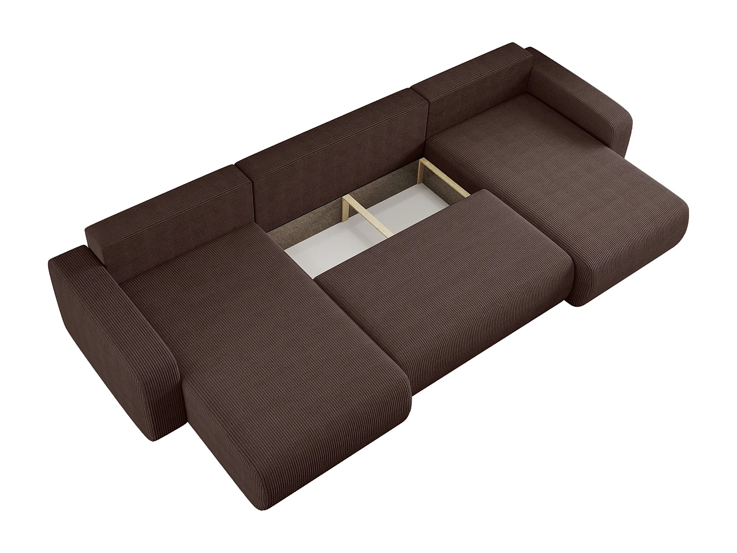 Canapé d’angle réversible PIANIOO U convertible – Velours côtelé brun chocolat, grand coffre de rangement, fonction couchage, angle universel gauche/droite