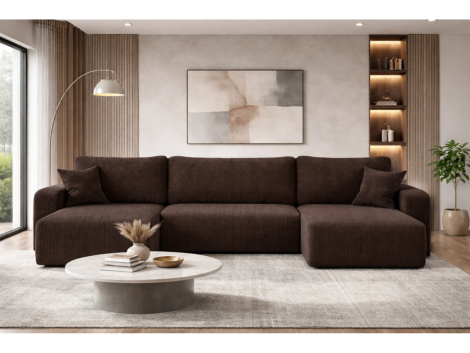 Canapé d’angle réversible PIANIOO U convertible – Velours côtelé brun chocolat, grand coffre de rangement, fonction couchage, angle universel gauche/droite