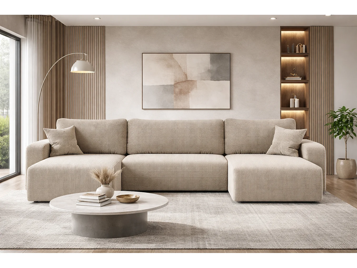 Canapé d’angle réversible PIANIOO U convertible – Velours côtelé beige, grand coffre de rangement, fonction couchage, angle universel gauche/droite