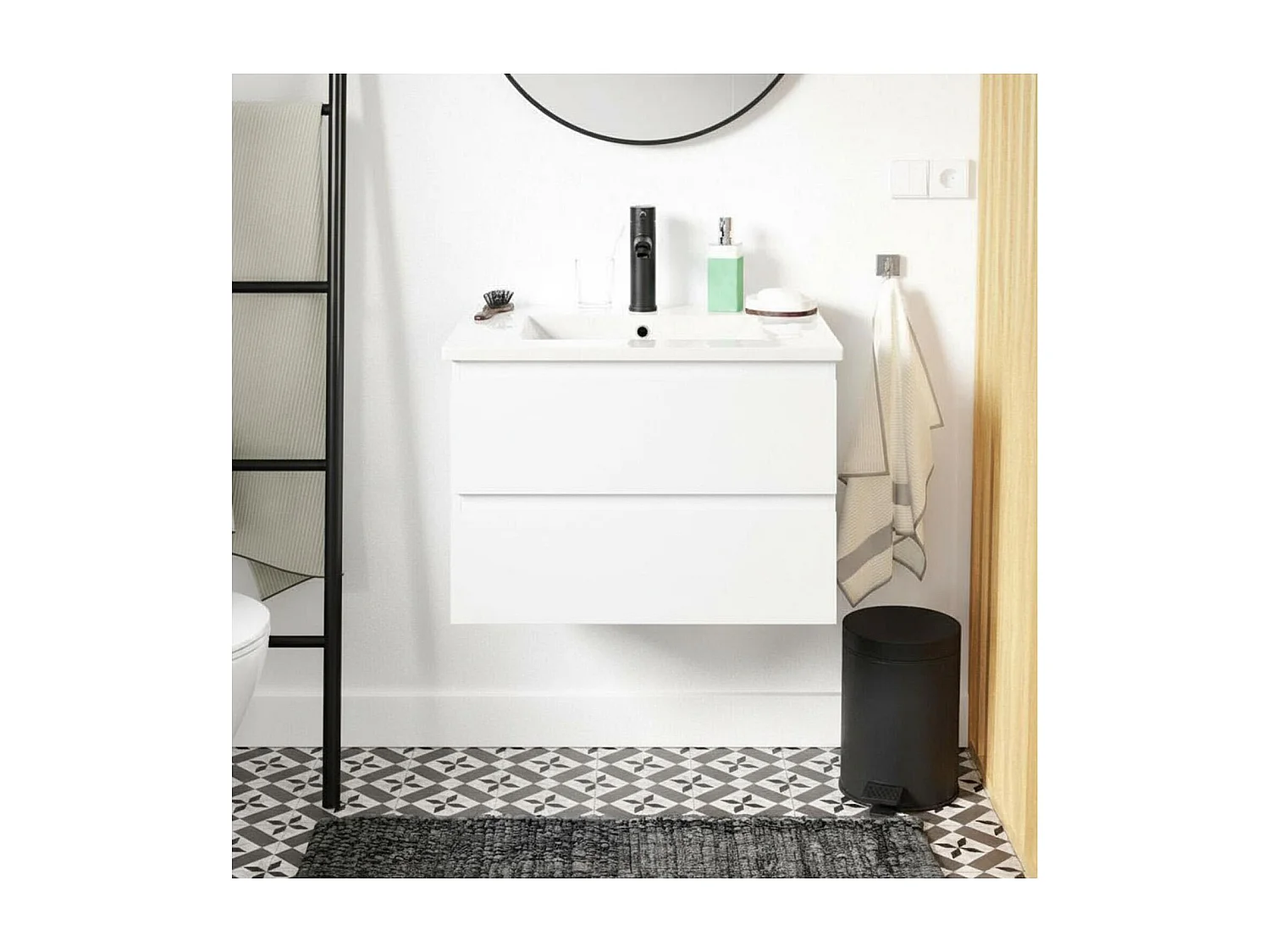 Set lavabo singolo 60cm con piano in ceramica e rubinetto nero SORRENTO
