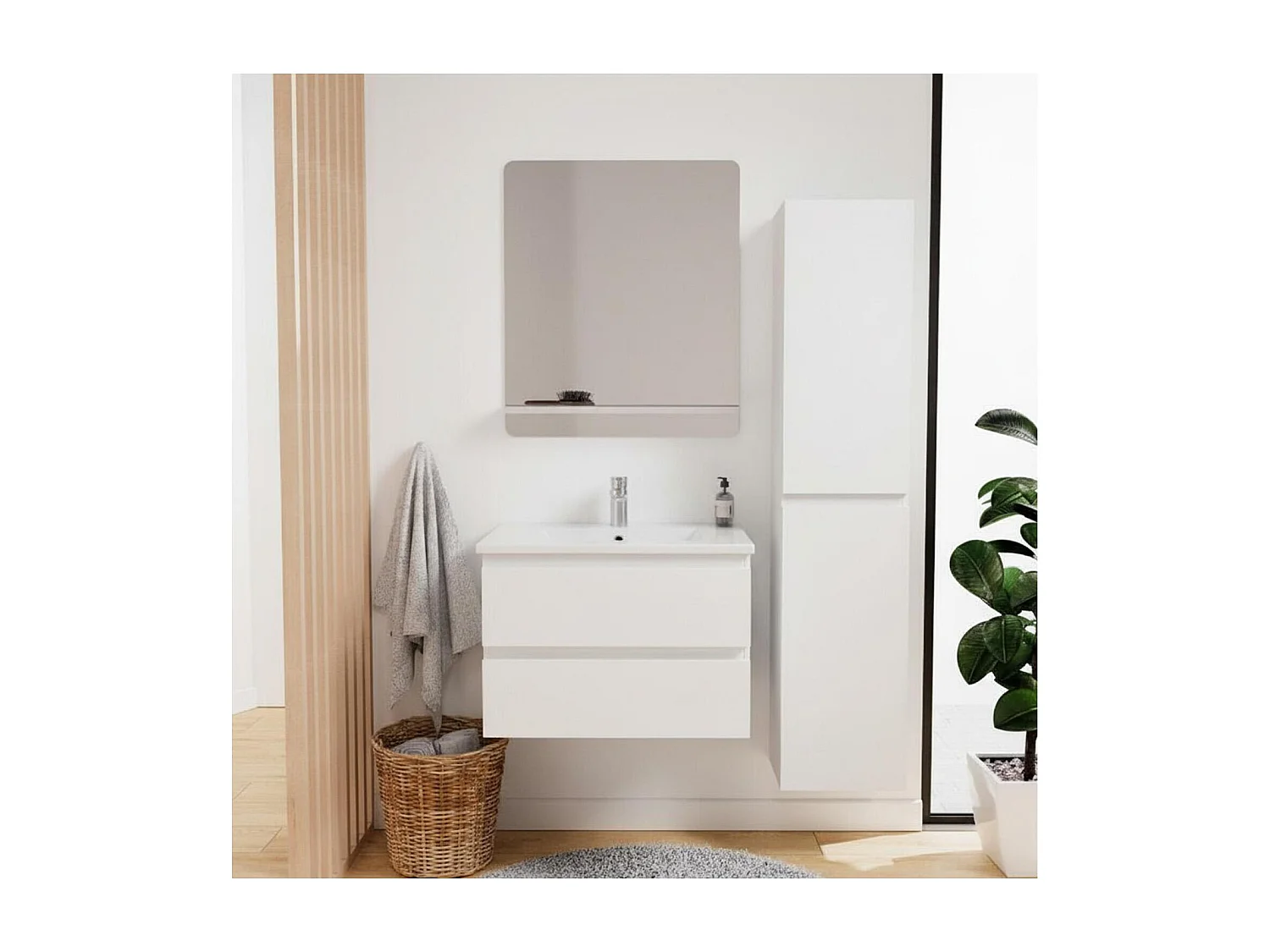 Conjunto mueble de lavabo sencillo 60 cm + grifo + espejo + columna SORRENTO