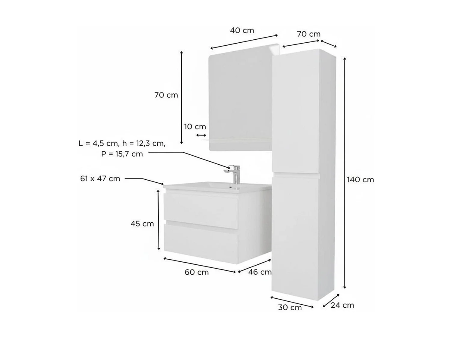 Conjunto mueble de lavabo sencillo 60 cm + grifo + espejo + columna SORRENTO