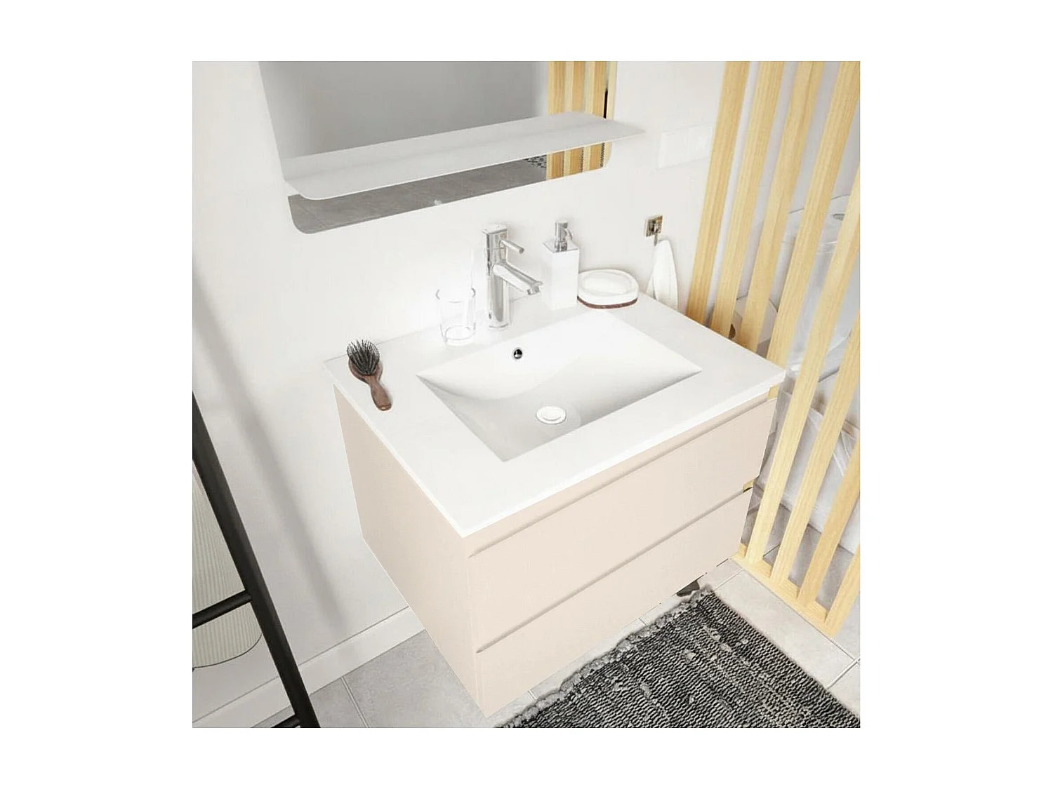 Gruppo lavabo singolo 60cm con piano in ceramica e rubinetto cromato SORRENTO