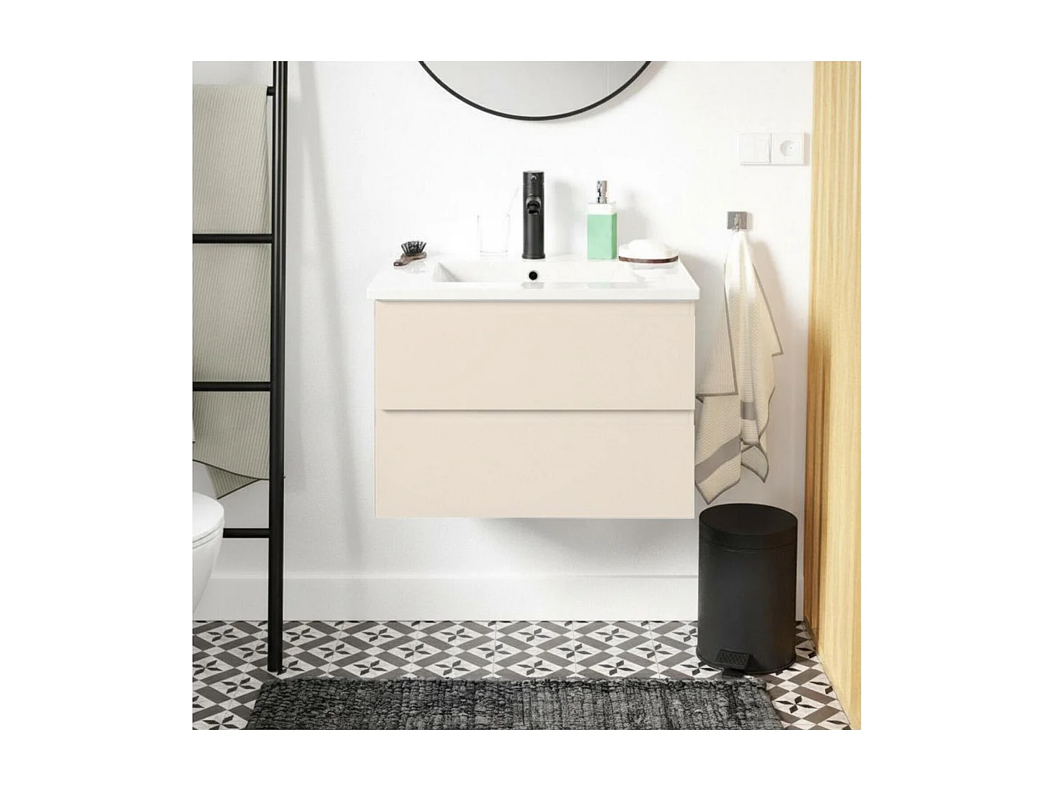 Set lavabo singolo 60cm con piano in ceramica e rubinetto nero SORRENTO