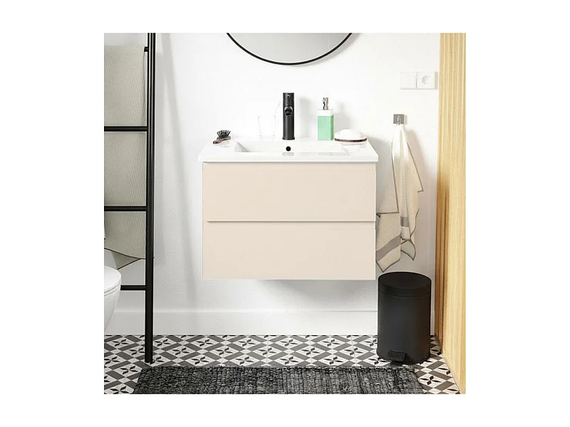 Set lavabo singolo 60cm con piano in ceramica e rubinetto nero SORRENTO