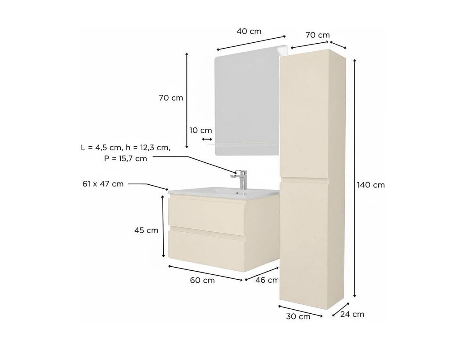 Einzelwaschtisch-Set 60 cm + Wasserhahn + Spiegel + SORRENTO-Säule