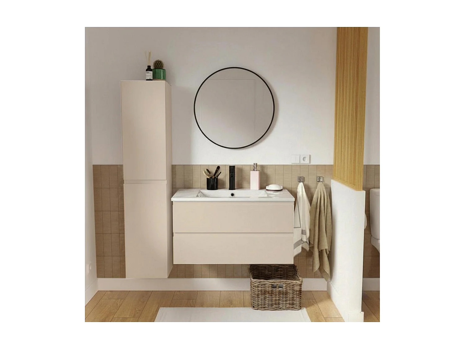 Einzelwaschtisch 80 cm mit Keramikplatte, Armatur, Spiegel und SORRENTO-Säule