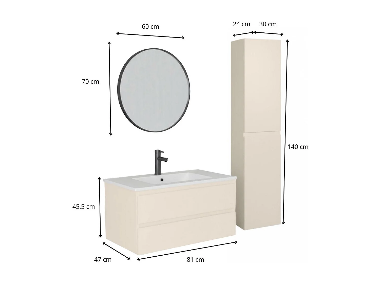 Einzelwaschtisch 80 cm mit Keramikplatte, Armatur, Spiegel und SORRENTO-Säule