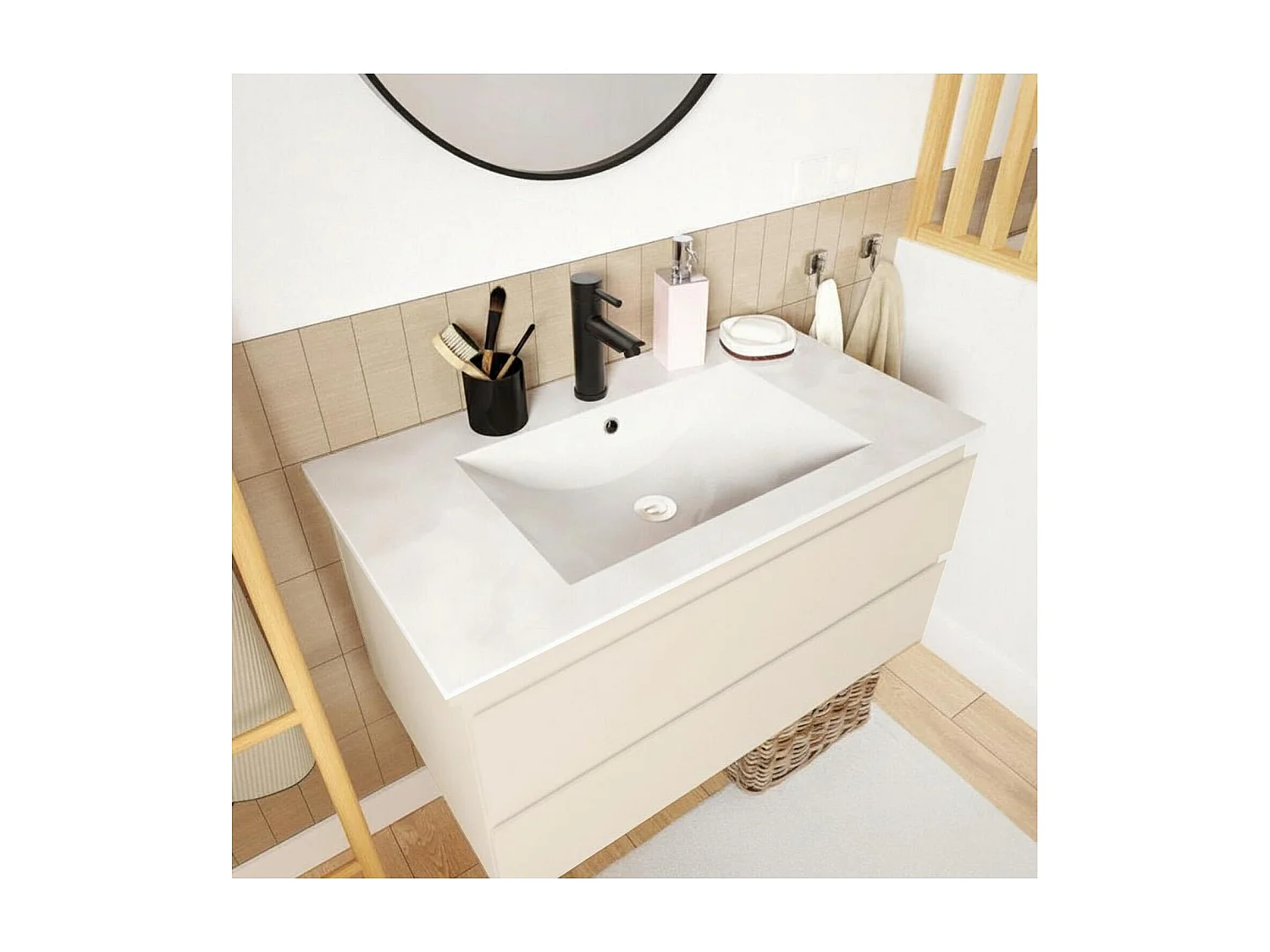 Einzelwaschtisch 80 cm mit Keramikplatte, Armatur, Spiegel und SORRENTO-Säule