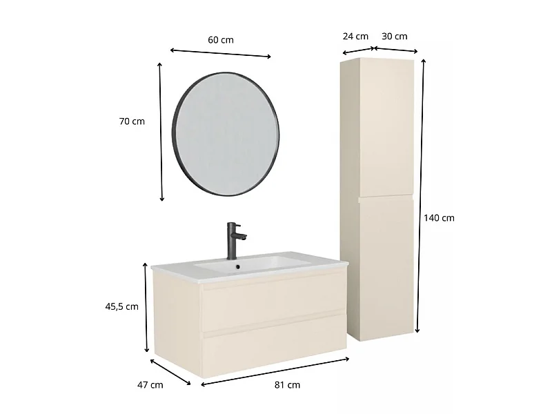 Mueble de baño de 80cm con lavabo, grifo, espejo y columna SORRENTO
