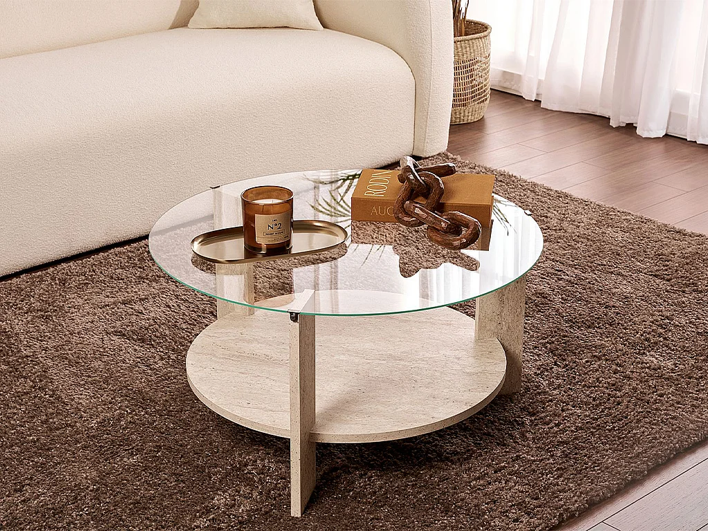 Table basse en verre trempé - Effet travertin beige - SENIRA