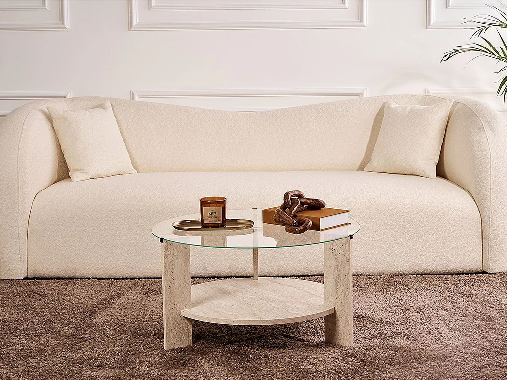Table basse en verre trempé - Effet travertin beige - SENIRA