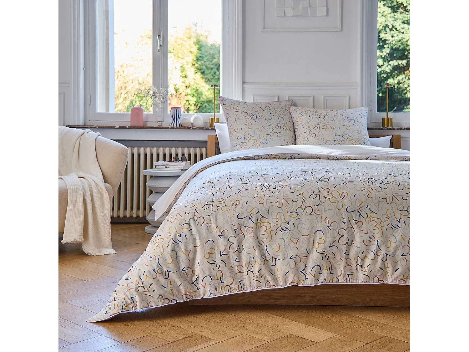 Parure de lit en percale de coton bio - 260 x 240 cm - Motifs à fleurs - Design by Floriane Jacques