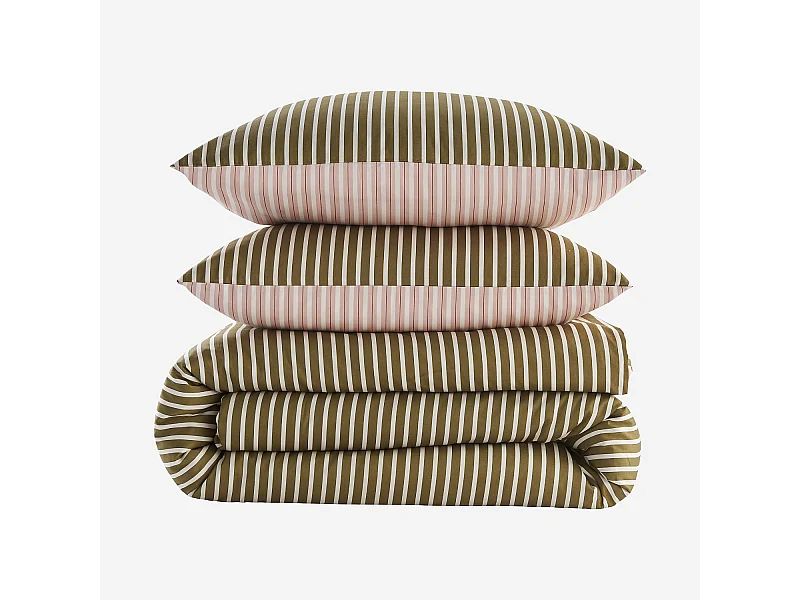 Habitat - Parure de lit réversible en satin de coton bio - 240 x 220 cm - Rose pâle et vert - Design by Floriane Jacques - Baudouin