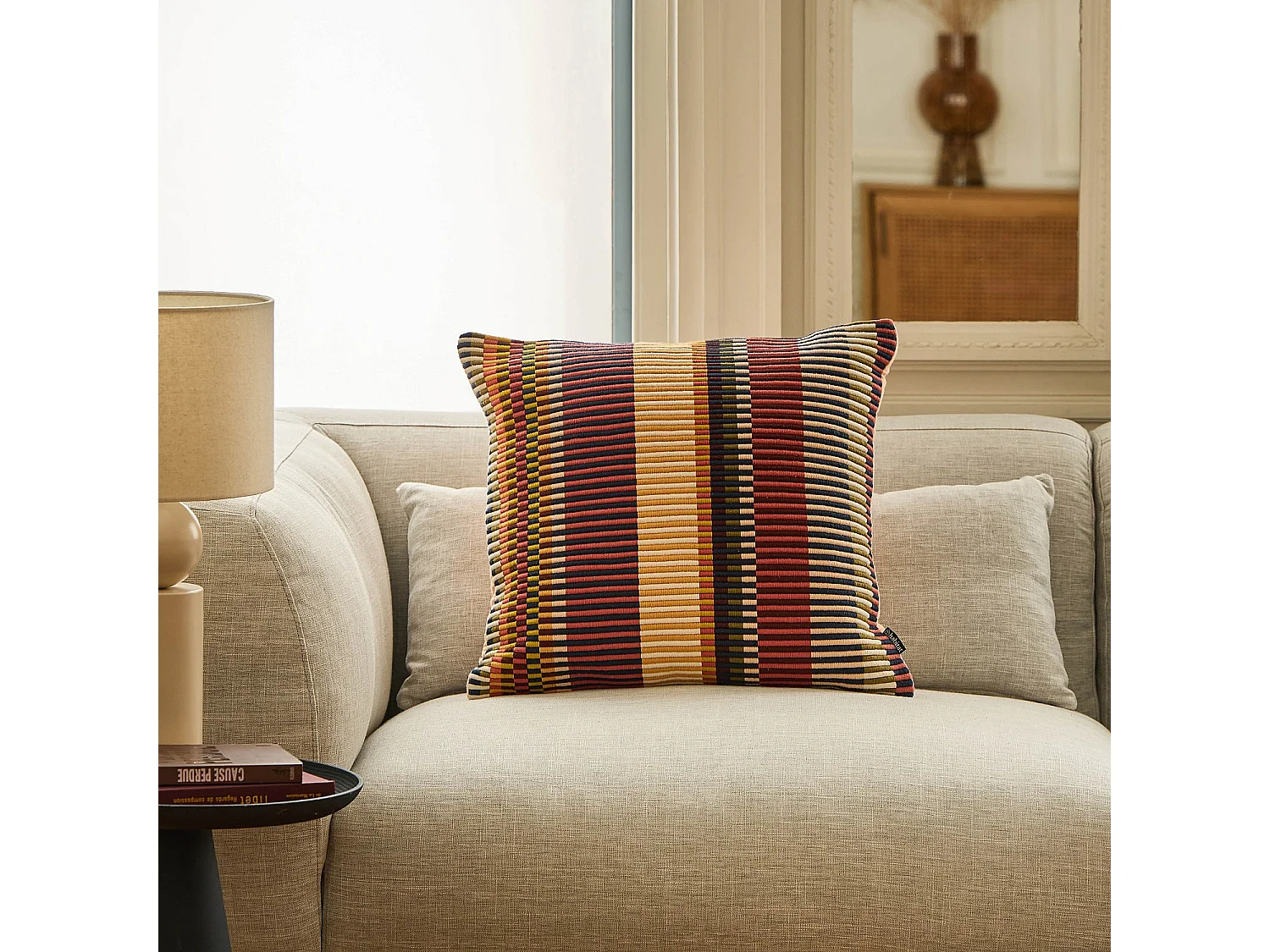 Coussin en coton côtelé - 50 x 50 cm - Motifs à rayures - Brun et Rouge