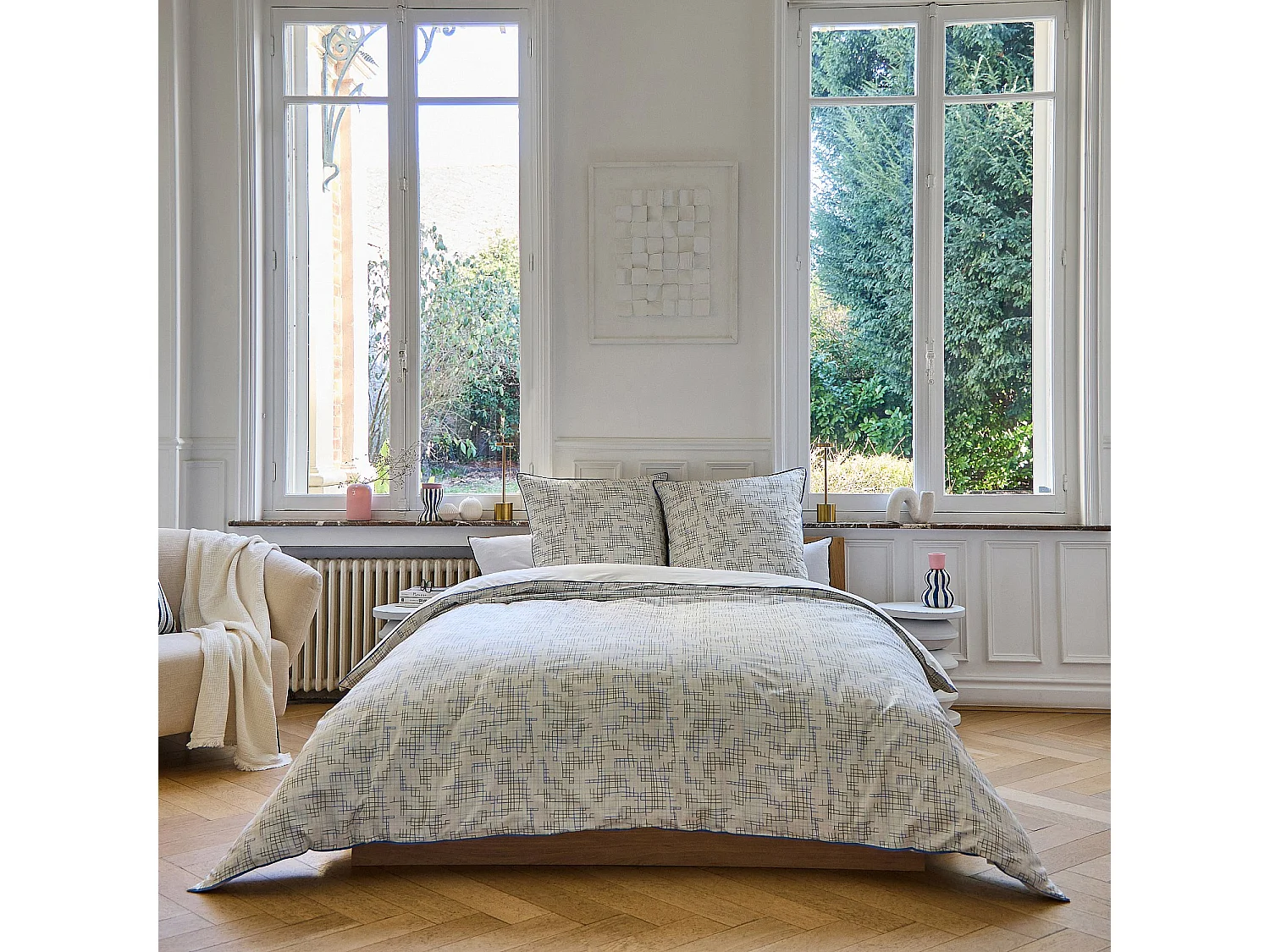 Parure de lit en percale de coton bio - 240 x 220 cm - Motifs à carreaux - Design by Floriane Jacques