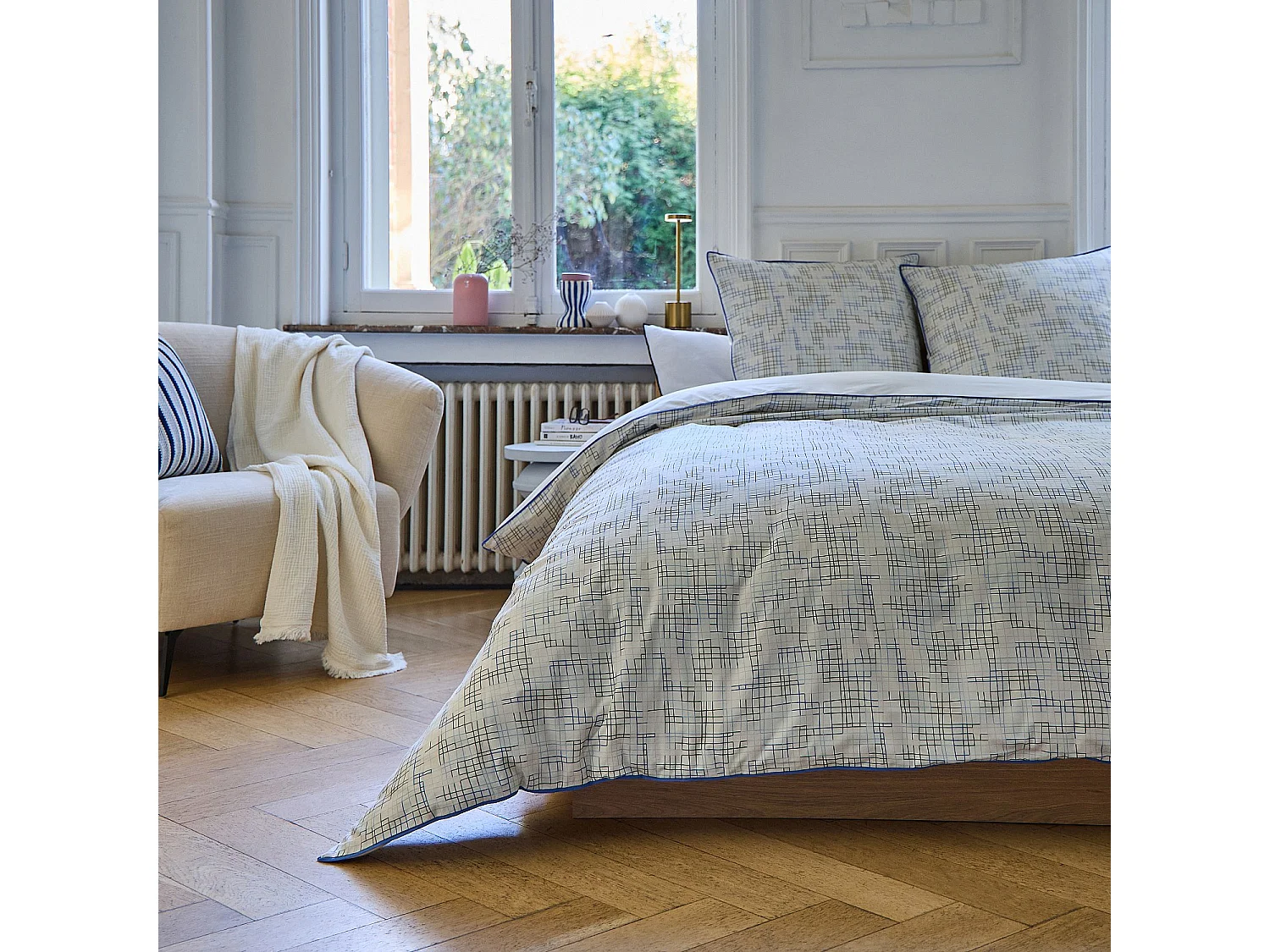 Parure de lit en percale de coton bio - 240 x 220 cm - Motifs à carreaux - Design by Floriane Jacques