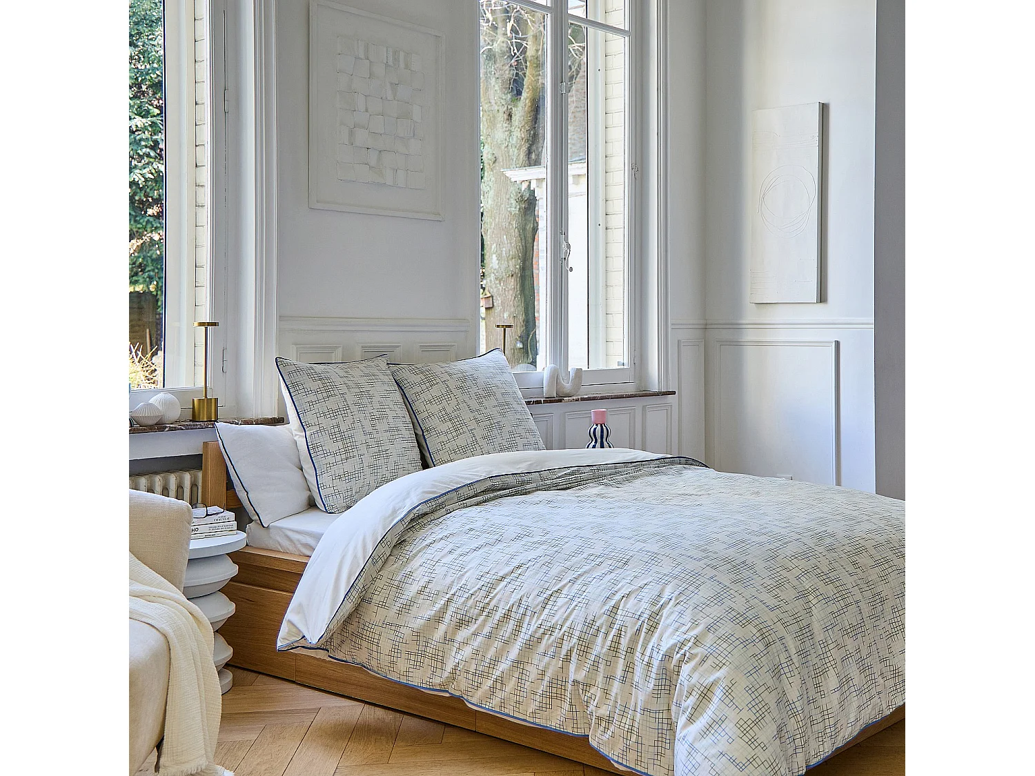 Parure de lit en percale de coton bio - 260 x 240 cm - Motifs à carreaux - Design by Floriane Jacques