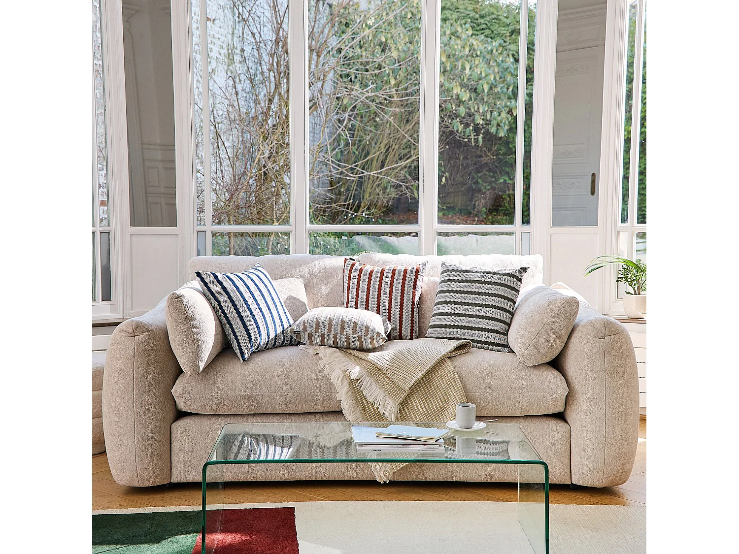 Habitat - Coussin en tissu jacquard - 44 x 44 cm - Motifs à rayures - Beige - Aristide