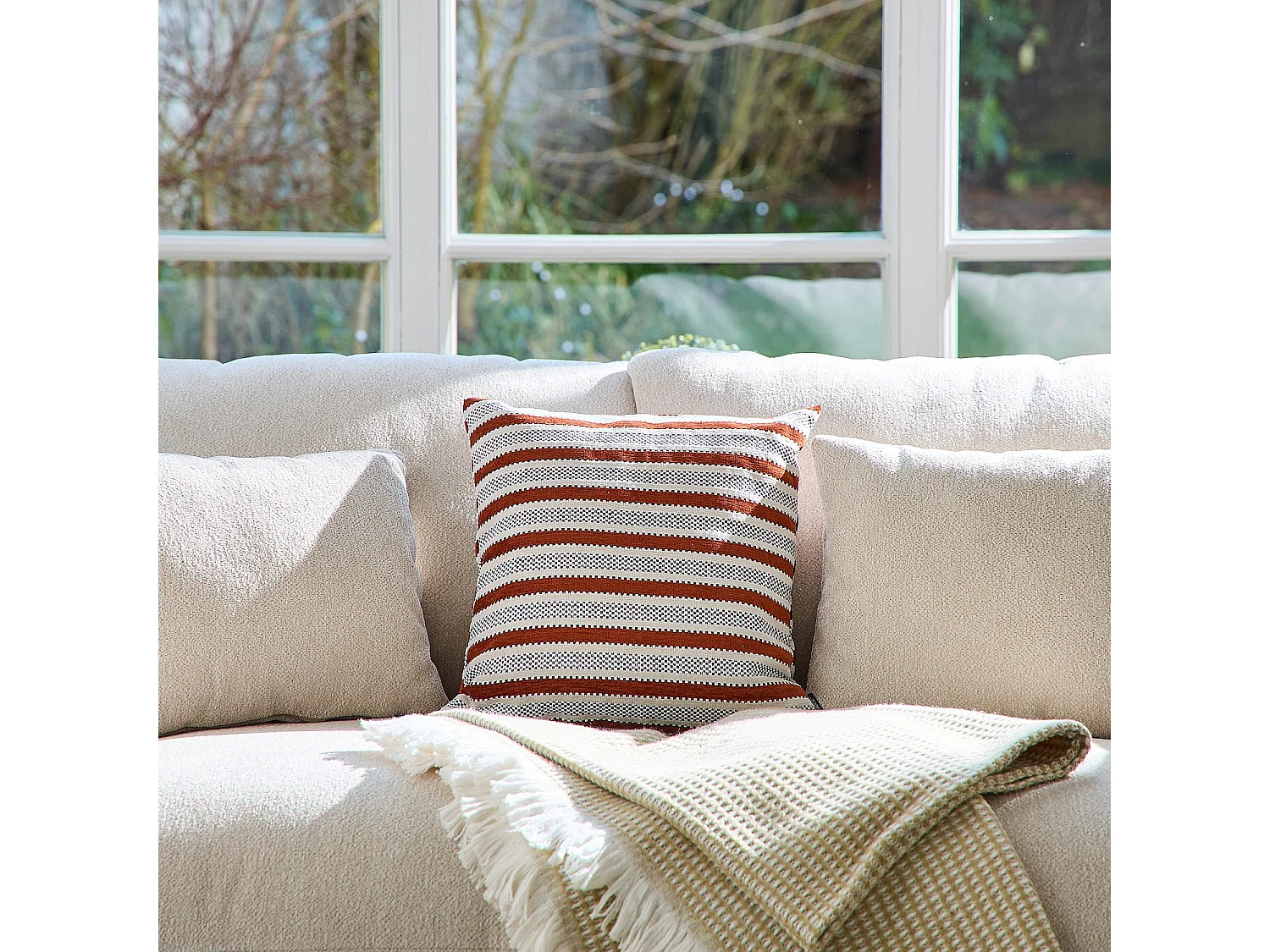 Coussin en tissu jacquard - 44 x 44 cm - Motifs à rayures - Terracotta
