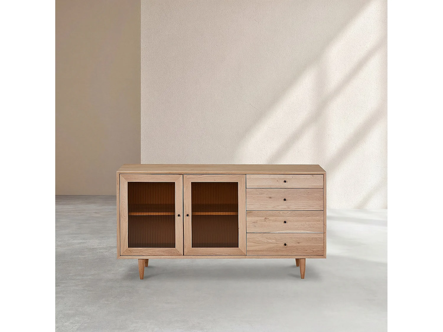 Buffet bas 2 portes en verre et 4 tiroirs en chêne massif - Naturel