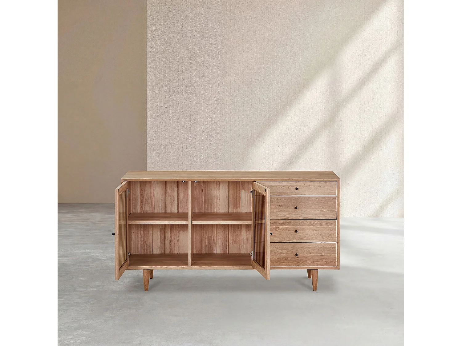 Buffet bas 2 portes en verre et 4 tiroirs en chêne massif - Naturel