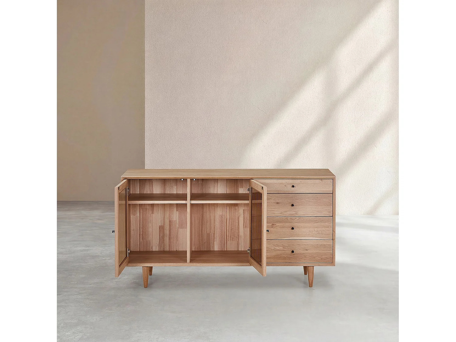 Buffet bas 2 portes en verre et 4 tiroirs en chêne massif - Naturel