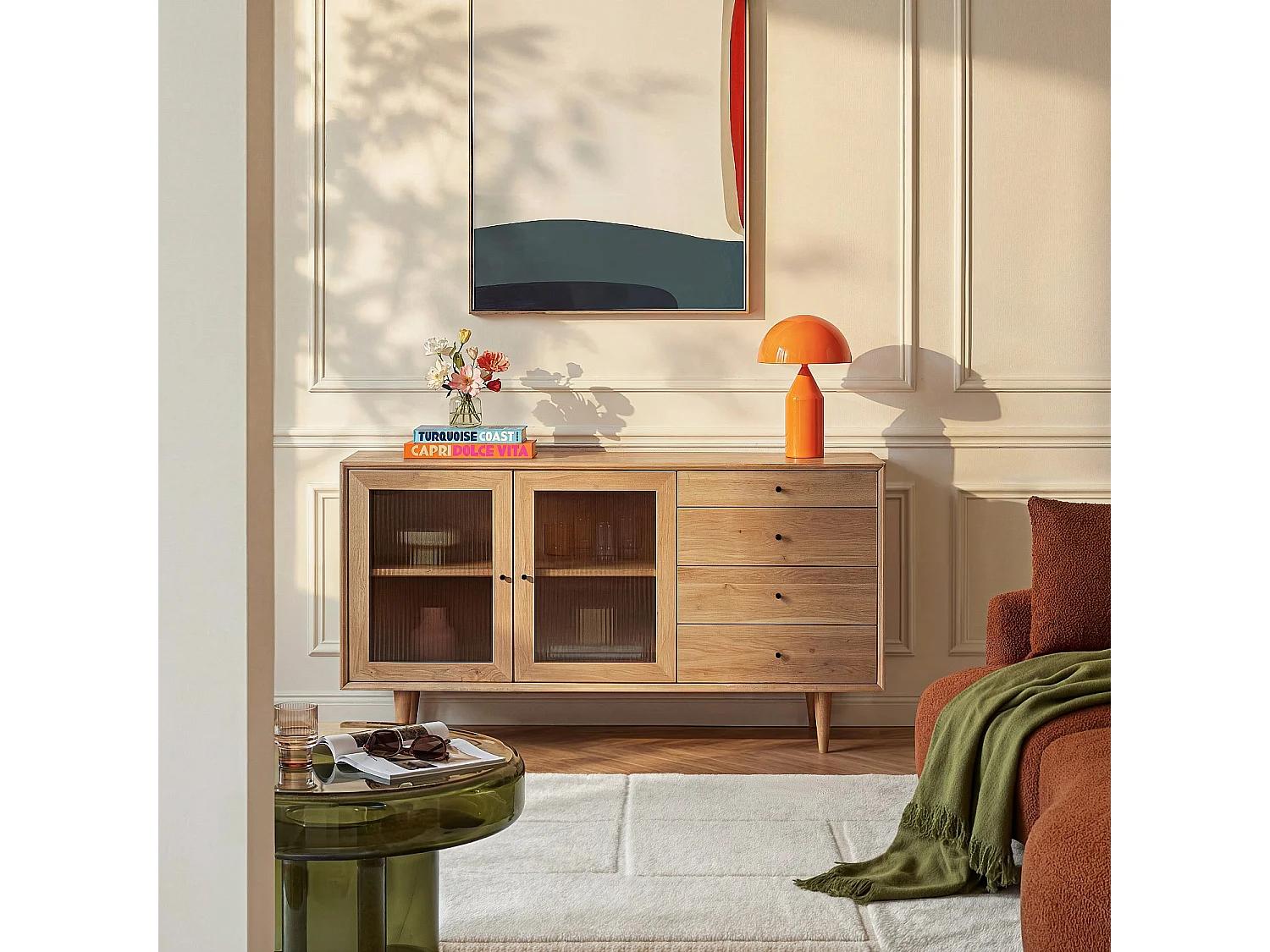 Buffet bas 2 portes en verre et 4 tiroirs en chêne massif - Naturel